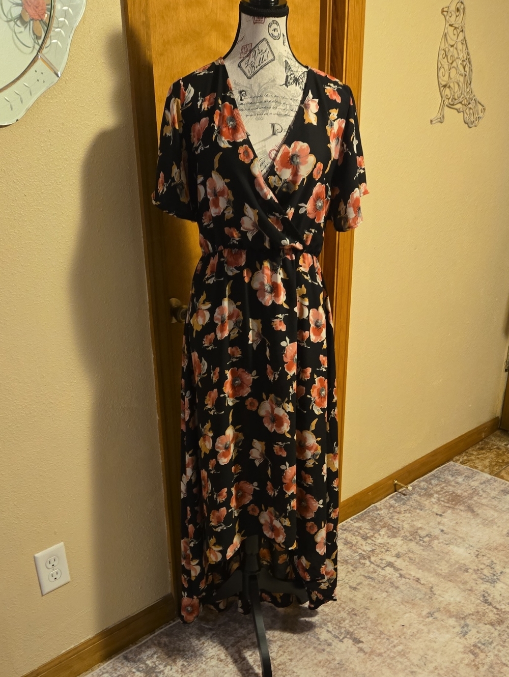 WEST KEI Hi-Lo Black Maxi Dress with Pink Floral Print